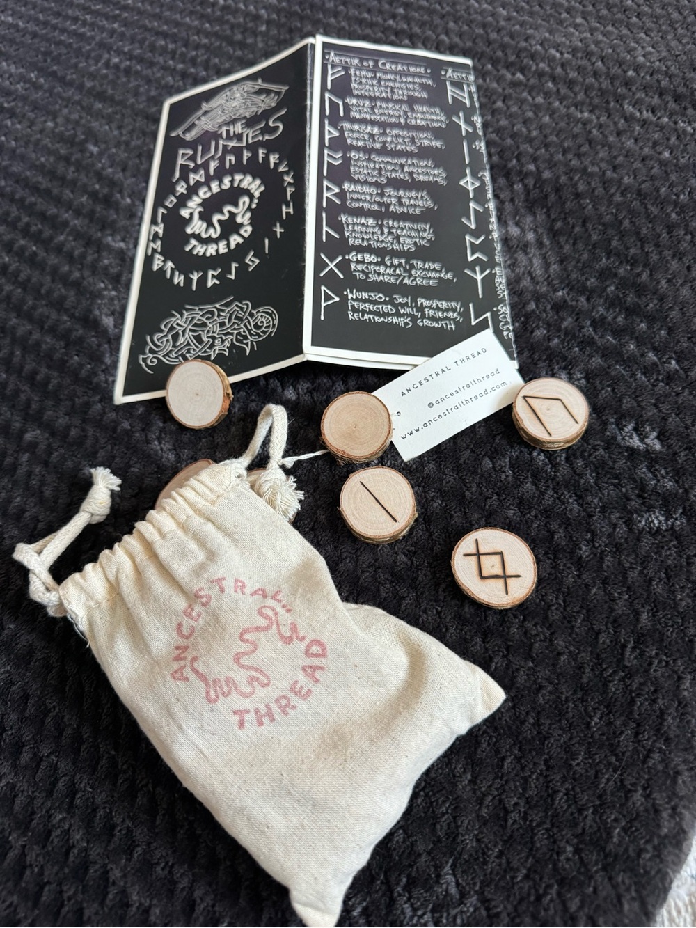 Ancestral Thread Wooden Rune Set with Cream Drawstring Bag - Handmade, Natural,